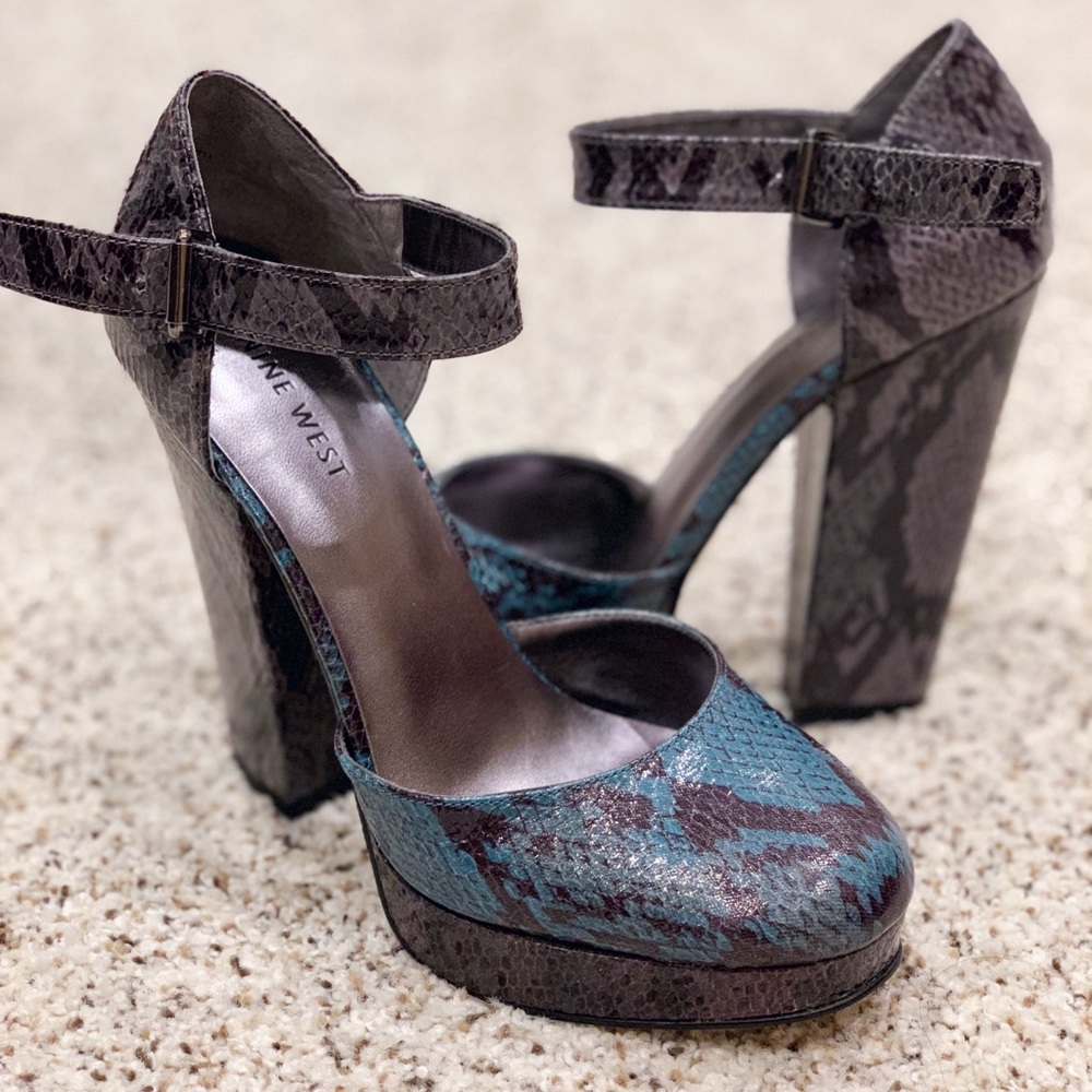 Nine West Around Town Turquoise/Grey Block Heels